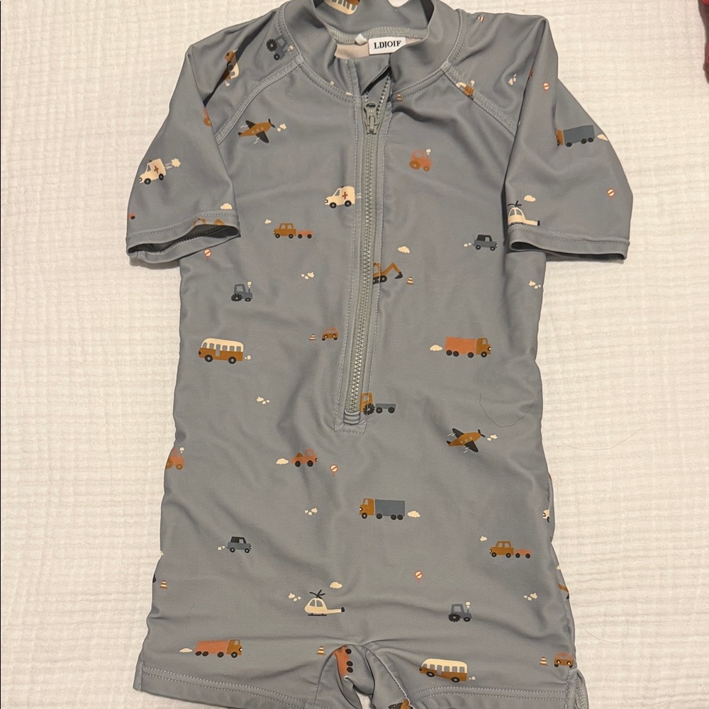 9-12 M Kids Gray Swim One-Piece with Fun Vehicle Print